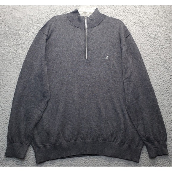 Nautica Navtech Sweater Mens 2XL Gray Knitted Mock Neck Pony Logo Quarter Zip - Picture 1 of 8